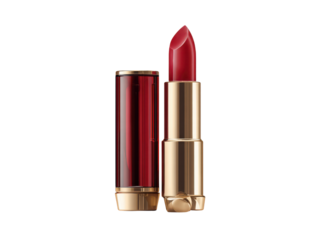 A red lipstick is shown with a gold colored cap