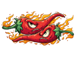 Two red peppers with fire in the background