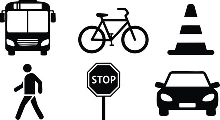 Public transportation and traffic symbols including bus bicycle pedestrian stop sign and car vector icons for urban mobility and safety 