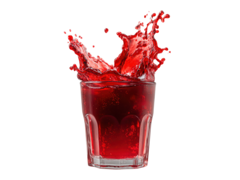 A glass of red liquid with a splash of it in the air