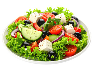 Fresh salad with feta and tomatoes with cucumbers on white dish
