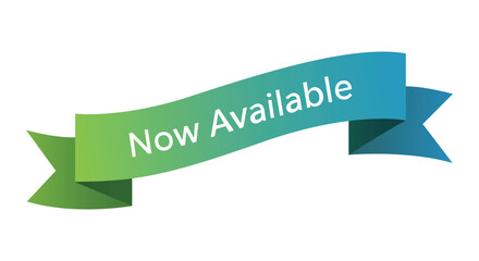 Green and blue ribbon with the text now available isolated on, great for advertising purposes