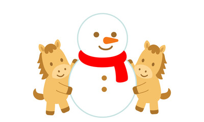 雪だるまを作って楽しむかわいい馬の冬のフラットデザインイラスト
