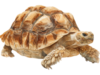 A tortoise is walking on a white background