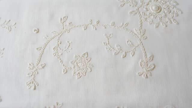 Cinematic Wide Shot of Chikankari Embroidery in Progress on White Background