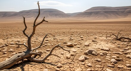 Arid landscape with dead tree and distant mountains