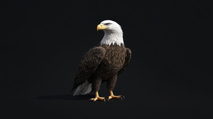 Obraz premium Majestic Bald Eagle Standing Proudly on a Dark Background with Detailed Features and Sharp Eyes