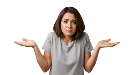 Woman expressing uncertainty with open hands and confused expression.