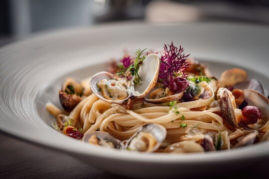 Un plato de espaguetis con almejas, adornado con hierbas y flores comestibles.