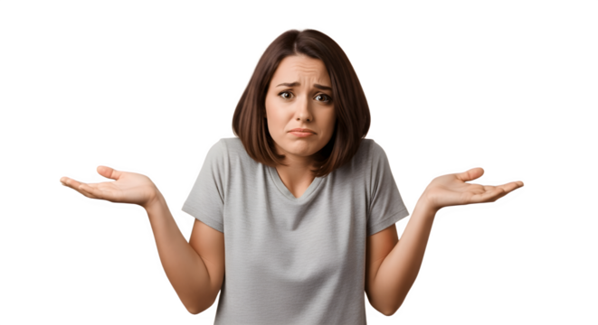 Woman expressing uncertainty with open hands and confused expression.