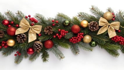 A festive Christmas garland with evergreen branches, red berries, golden bows, colorful ornaments, and natural pinecones beautifully decorates a white background.