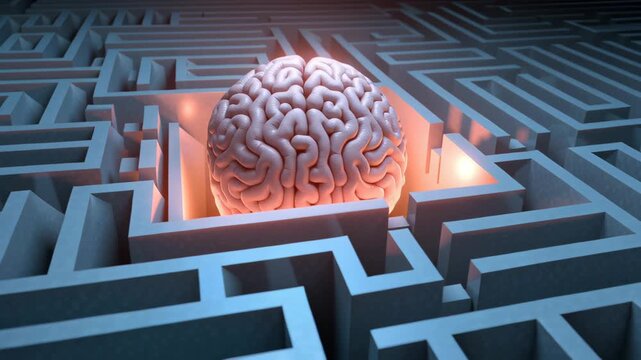 Psychedelic Therapy concept ,Glowing brain center of blue maze, symbolizing intelligence, problem solving, creative thinking, futuristic mental