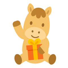 プレゼントを抱いて手を振るかわいい馬のミニマルフラットなイラスト素材