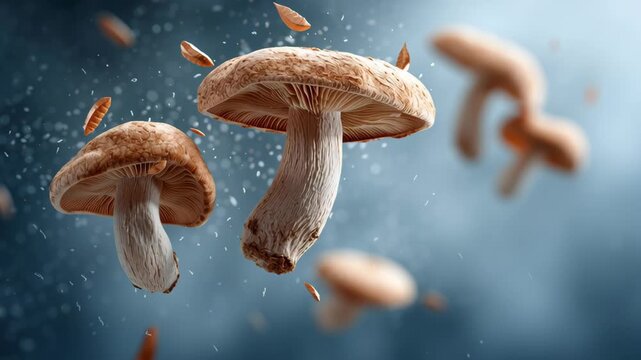 Psychedelic Therapy concept ,Mushroom spore floating air, brown cap fungi close up, detailed texture, gills visible, dreamy mood, autumn leaves