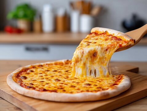 Freshly baked cheese pizza being lifted from wooden board, showcasing gooey melted cheese and crispy crust, perfect for food lovers and culinary enthusiasts