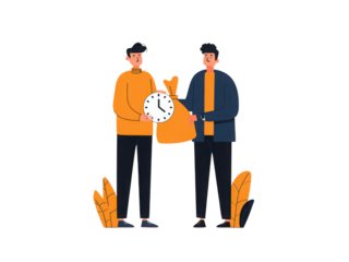 Two men are standing next to each other, one holding a bag