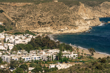 Coastal village of Agua Amarga and surrounding cliffs, Cabo de Gata.