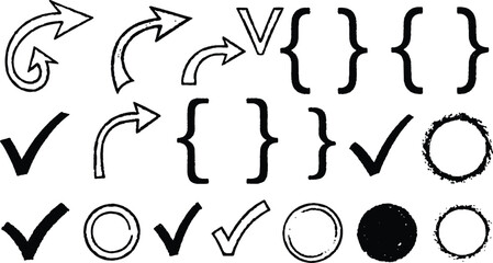 described features a diverse assortment of black and white symbols and shapes organized in rows, each serving distinct purposes and conveying various meanings