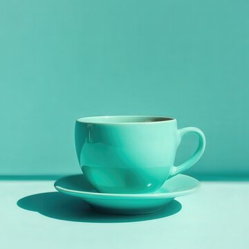 Una taza y platillo turquesa sobre un fondo azul claro, evocando calma y tranquilidad.