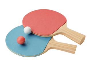 Two wooden paddles with red and blue tops and a white ball on top of one of them