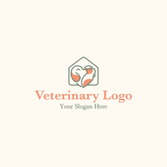 Minimalist veterinary logo with dog and cat in a heart-shaped house. Perfect for pet clinics, vets, and animal care brands.