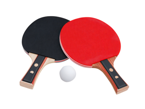 Two red and black paddles with a white ball in between them