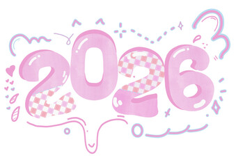A fun and colorful illustration of the year 2026 in bubblegum pink with checkerboard accents, decorated with whimsical doodles, hearts, and playful lines