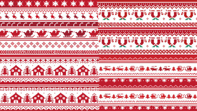 Pixelated christmas pattern with reindeer santa sleigh houses and christmas trees in red and white colors