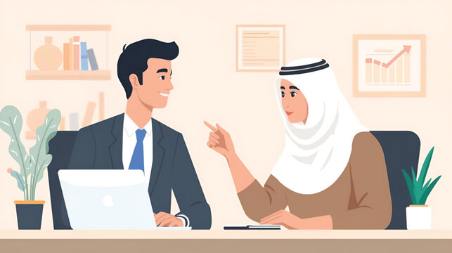 Business  meeting between a man and an arab woman in office