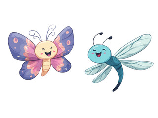 Two cartoon insects, one is a butterfly and the other is a dragonfly
