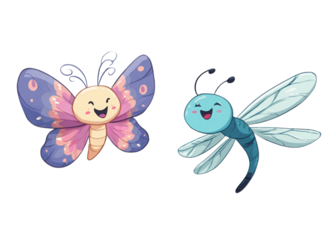 Two cartoon insects, one is a butterfly and the other is a dragonfly