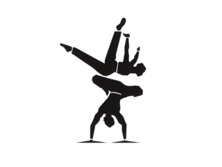 A man is doing a handstand on a white background