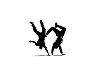 Two men are doing a handstand on a white background