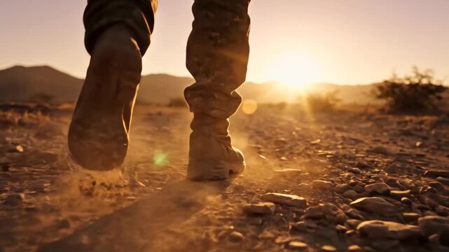 Boots Walk on Desert Terrain at Sunset in the Southwest United States