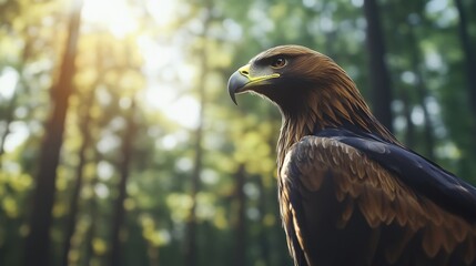Fototapeta premium Majestic Golden Eagle in Forest Setting Captured with Natural Sunlight and Lush Green Background