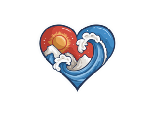 A heart with mountains and a sun in the background