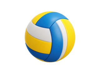 A yellow and blue volleyball sits on a white background