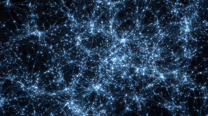 High-tech photograph of thousands of tiny, glowing blue and white points of light forming a dense, complex neural network pattern across a dark void.