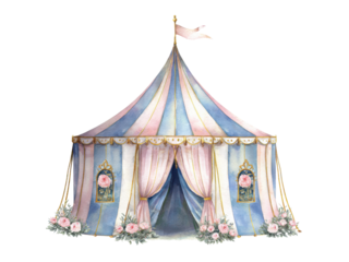 A colorful tent with pink and blue stripes and a pink flag