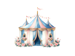 A colorful tent with pink and blue stripes and a white flag