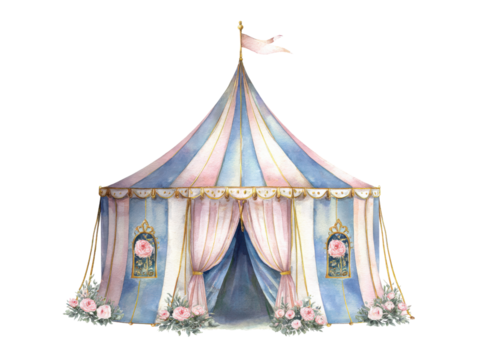 A colorful tent with pink and blue stripes and a pink flag
