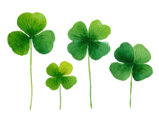 Four green clovers are shown in a row