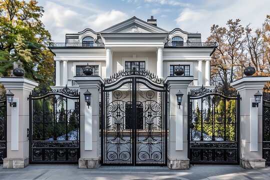 Grand modern mansion with ornate security gate - Powered by Adobe