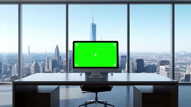 Urban Cityscape Panorama with desktop computer monitor mock up green screen chroma key display standing on the desk in modern business office background glass wall big city zoom out shot distortion