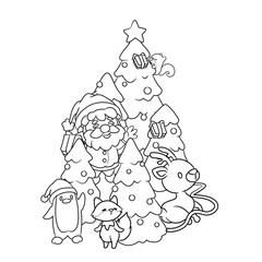 cute christmas santa and friends colouring page vector illustration
