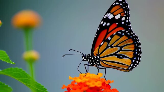 Vibrant monarch butterfly close up feeding on colorful flower