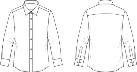 Illustration of front and back view of a longsleeved shirt isolated on technical drawing of a classic buttondown shirt for fashion design and garment creation