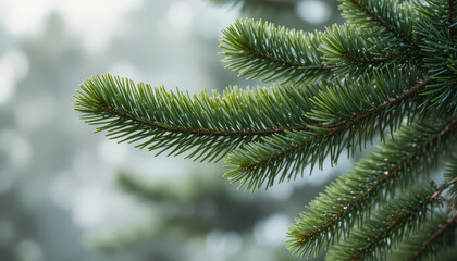 Close up of a fir tree branch with green needles