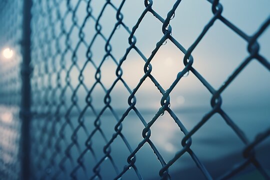 Chain link fence with water drops on a foggy day