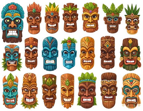 Collection of carved Tiki masks; colorful, wooden, depicting varied expressions and designs